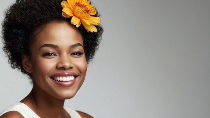 Wall Mural - Beauty portrait of african american woman with clean healthy skin on beige background. Smiling beautiful afro girl. Curly black hair