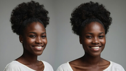 Wall Mural - Beauty portrait of african american woman with clean healthy skin on beige background. Smiling beautiful afro girl. Curly black hair