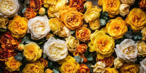 Wall Mural - Yello Roses. Flowers wall. Beautiful Roses Background. Wedding decoration. Beautiful Floral background for greeting card and banner design for Birthday, Wedding, Mother's day, Woman's day