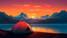 Camping At Sunset, View Of Camping Tent In Summer Evening