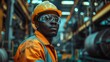 An African American engineer tests a futuristic bionic exoskeleton and picks up metal objects in a heavy steel factory