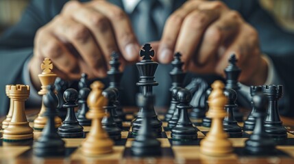 A businessman holds a chess strategy with teamwork, leadership, planning, or intelligence.