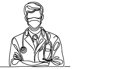 Wall Mural - Continuous one black line art hand drawing doctors. National doctor day concept vector illustration on white background with copy space