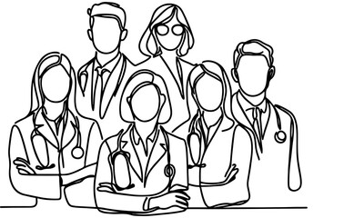 Wall Mural - Continuous one black line art hand drawing doctors. National doctor day concept vector illustration on white background with copy space