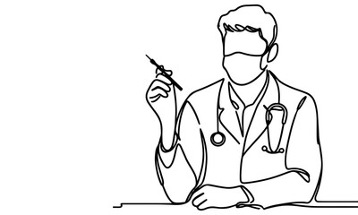 Wall Mural - Continuous one black line art hand drawing doctors. National doctor day concept vector illustration on white background with copy space