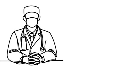 Wall Mural - Continuous one black line art hand drawing doctors. National doctor day concept vector illustration on white background with copy space