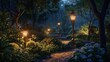 At night, lampposts light up the garden path, casting a soft glow on the surrounding greenery, creating a serene and enchanting atmosphere.