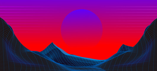 Poster - Synthwave retro background with grid mountain and neon pink sunset. Realistic vector illustration of new retro wave backdrop in 80s style. Abstract wireframe geometric hills landscape with sun.
