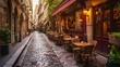 Vintage avenue lined with bistro tables in Paris, France. Charming urban view of Paris.