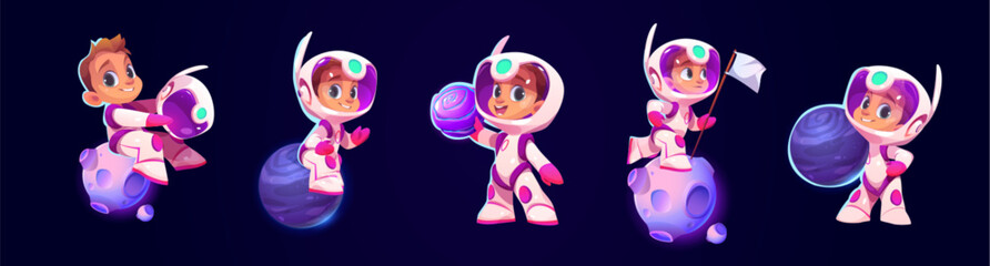 Wall Mural - set of astronaut kids isolated on black background. vector cartoon illustration of cute child in ast