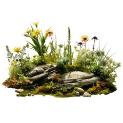 Wall Mural - rock garden, water, grass, yellow flowers isolated on transparent background