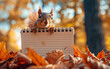 Curious Squirrel Holding a Customizable Blank Spiral Notebook Amidst Autumn Leaves, Perfect for Seasonal Themes, Custom Messages, and Wildlife Photography