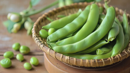 Fresh green beans are neatly arranged in a ceramic bowl, showcasing their vibrant green color and crisp texture.