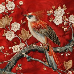 Chinese auspicious animal, bird embroidery with flowers on red fabric