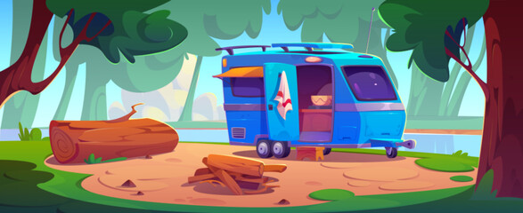 Camping place with camper van with tent and open door standing in forest near logs on bonfire pit and large wood trunk on ground as seat. Cartoon summer scene with caravan for outdoor relax and travel