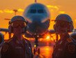 Piloten Team mit Flugzeug im schönen Sonnenlicht, ai generativ