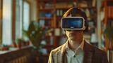 Fototapeta Natura - Young Businessman wearing VR glasses in start up office for meeting in the metaverse online