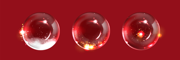 Poster - Glass globe with snowflakes and bright sparkles on red background. Realistic vector illustration set of transparent balls for Christmas and New Year decoration. Empty xmas crystal sphere with twinkles
