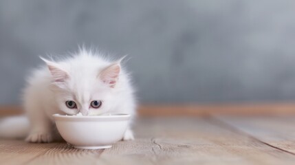 Close-up of a white kitten eating food on a gray background with copy space, pet care concept, animal behavior