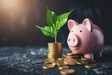 Fototapeta  - Pink piggy bank with a stack of coins nearby and a growing green sprout, savings and investment concept with copyspace
