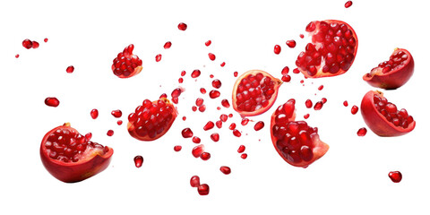 Falling pomegranate seeds isolated on transparent a white background