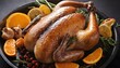 Baked Guineafowl, guinea fowl with potato in steel tray. Gray background. Top view.