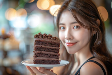 Canvas Print - Asian woman enjoying delicious chocolate cake