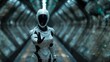 Roboter Frau in weiß auf der Raumstation greift nach der Hand, ai generativ
