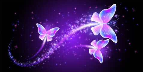 Wall Mural - Magic butterflies with fantasy sparkle and blazing trail and glowing stars on night background