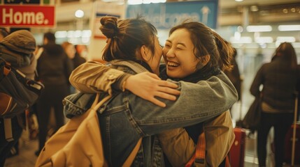 Wall Mural - Joyful Reunion. Lifelong friends embrace at a bustling airport, reminiscing amidst warm, natural light.