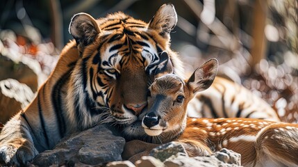 Tiger hugs roe deer in the wild, predator with herbivores together