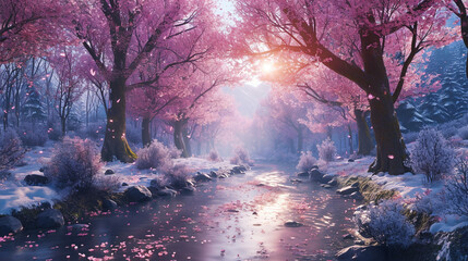 Wall Mural - pink autumn forest in the morning