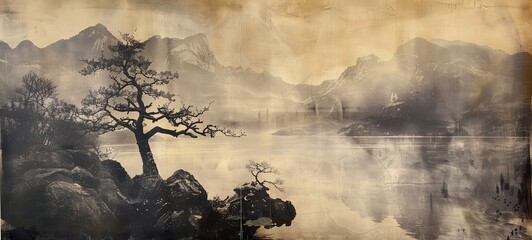 Vintage landscape panorama. A serene illustration of an Asian mountain scene with trees and lake reflections, created in a monochromatic sepia tone