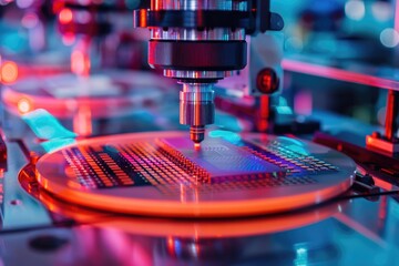 Poster - Robotic manufacturing of semiconductors and computer chips from silicon wafers. Modern technology concept