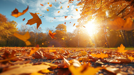 Wall Mural -  falling autumn leaves on the ground