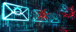 Concept for an email inbox with messages marked as malware and virus, illustrating the work of hackers and internet threats