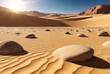 Panoramic view of scenery Sahara desert, sandy rocks and stones, sunny day. Photo of landscape desert hills with sand, blue sky with clouds. Sahara, Africa. Copy ad text space
