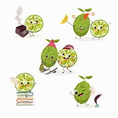 Wall Mural - Cute cartoon limes characters set, collection. Flat vector illustration. Activities, playing musical instruments, sports, funny fruits.