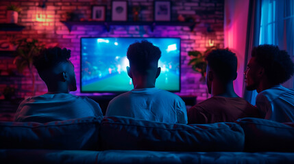 Wall Mural - friends looking a soccer game together on the tv screen