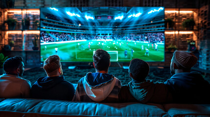 Wall Mural - friends looking a soccer game together on the tv screen