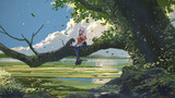 Fototapeta Las - girl sits in a branch of tree with a cat during the daytime., digital art style, illustration painting