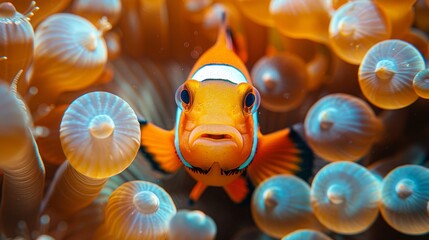 Wall Mural - Scuba diving in Thailand, underwater macro photography of clown fish in an anemone. Small anemone fish hiding in Andaman sea. Underwater macro photography of clown fish in anemone.