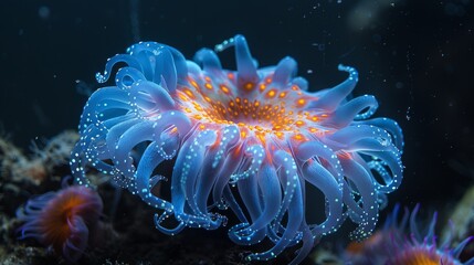 Wall Mural - Aquatic bioluminescent anemones in the darkness