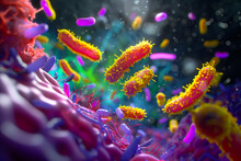 Artistic depiction of bacteria engaging in quorum sensing with vibrant colors and abstract shapes