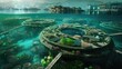Sustainable sea farms where diverse aquatic species are bred and harvested, promoting self - sufficiency and ecological balance, green energy aquatic farm