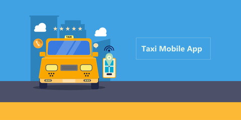 App cab, Booking cab from mobile app, Taxi booking application, Book cab from mobile, vector illustration landing page. 