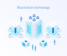 Poster - it is an isometric illustration of a blockchain technology