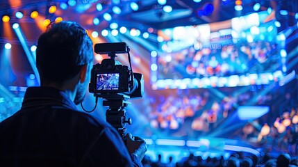 Wall Mural - A professional cameraman captures a lively concert with colorful stage lights and a dynamic crowd in the background