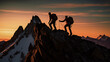 Assisting climbers on rocky mountain at sunset.
