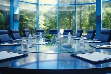 Empty round table for business conventions and presentations, meeting partners in conference room
